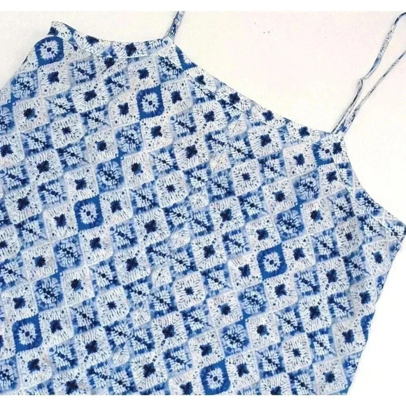 Rory Beca Blue White Ikat 100% Silk Tank Top Size Small Square Neck Sleeveless - Picture 3 of 5